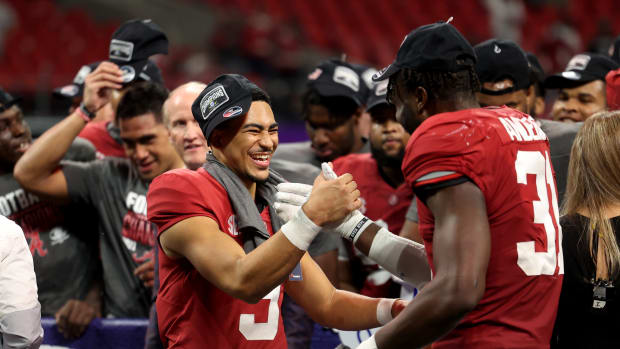 Dec 4, 2021; Atlanta, GA, USA; Alabama Crimson Tide quarterback Bryce Young (9) celebrates with linebacker Will Anderson Jr. (31) after their win during the SEC championship game after the Georgia Bulldogs at Mercedes-Benz Stadium. Mandatory Credit: Jason Getz-USA TODAY Sports